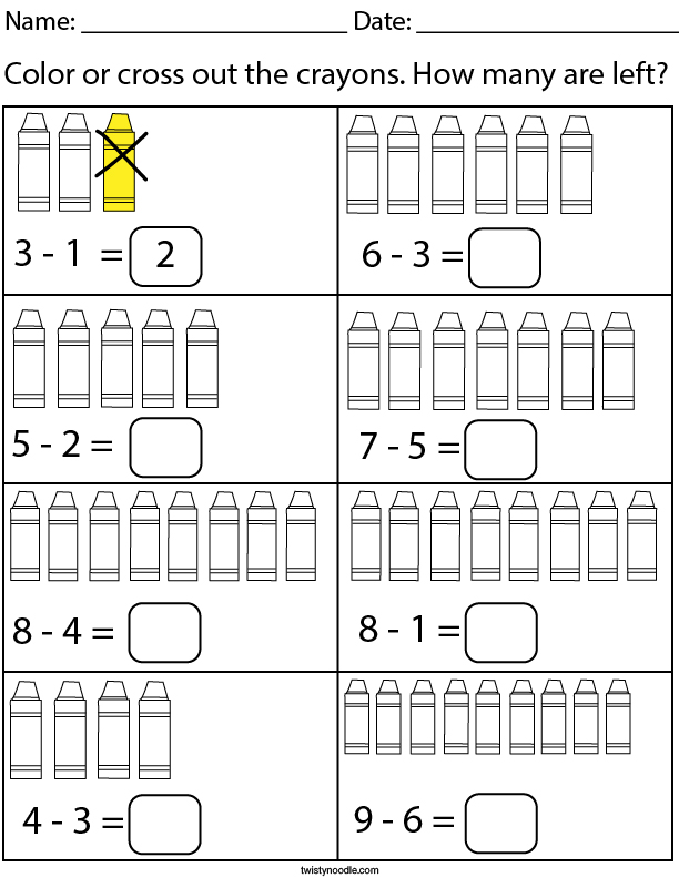 Crayon Subtraction Math Worksheet Twisty Noodle 0802